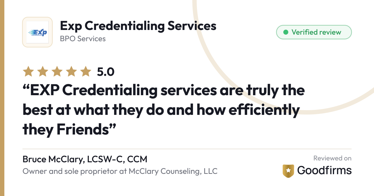 Exp Credentialing Services review on Goodfirms: 5.0 out of 5